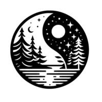 YinYang symbol depicting a serene forest scene divided by day and night, with detailed trees, lake, moon, stars and a crescent moon. vector