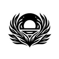 A symmetrical black and white featuring a stylized sun or moon within a feathered, organic, geometric composition, evocative of celestial themes. vector