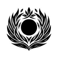 A symmetrical black and white botanical illustration, featuring a central dark circle encircled by stylized leaves, forming a decorative, artistic emblem. vector