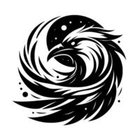 A swirling black and white stylized eagle head within a circular composition, incorporating celestial elements like stars and moon, exuding power and mystique. vector