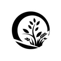 A stylized black and white featuring a symmetrical plant with leaves and grains framed inside a crescent moon shape. vector