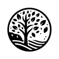 A minimalist black and white circular emblem featuring a stylized tree with leaves and landscape elements, conveying nature and growth. vector