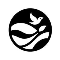 Black and white featuring a dove in flight above stylized waves and leaves within a circular frame. vector