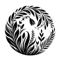 A stylized monochrome botanical illustration featuring a circular arrangement of leaves, blossoms, and various plant elements, creating a balanced composition. vector
