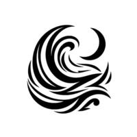 Elegant black and white stylized wave graphic, featuring flowing lines, crescent moon shape and a swirl element, conveying movement. vector