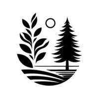 Minimalist Black and White Nature Scene Foliage, Fir Tree, and a SunLike Circle Set in a Rounded Landscape. vector
