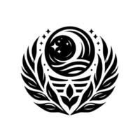 Intricate Celestial Crest A minimalist, symmetrical featuring a crescent moon, stars, stylized waves, and leaflike elements, framed by a circular arrangement. vector