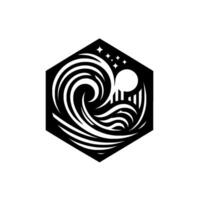 Abstract Black and White Hexagon Depicting a Swirling Wave, Stars, and a Speech Bubble, Evoking Creativity and Innovation. vector