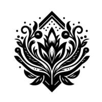 Symmetrical Black and White Floral Mandala A stylized, symmetrical featuring a central floral element with layered petals, curling vines, and geometric accents, all set against a clean white b vector