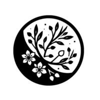 YinYang Inspired Floral Design A stylized black and white composition featuring blossoming flowers, delicate leaves, and branches within a circular frame, evoking balance and harmony. vector
