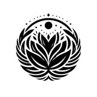 Intricate Black and White Floral Mandala Design A Symmetrical Composition of Lotus Petals, Foliage, and Celestial Elements on a Clean White Background. vector