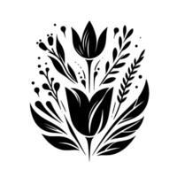 Elegant black and white floral illustration featuring stylized tulip blooms, leaves, and delicate sprigs arranged in a symmetrical composition on a stark white background. vector
