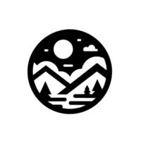 Monochromatic, Circular Logo A stylized landscape featuring mountains, a sun, clouds, and trees, all within a blackfilled circle, evoking simplicity and nature. vector
