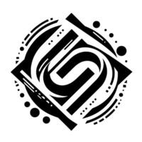 Geometric black and white abstract with an S shape, enclosed within a circlelike arrangement, featuring lines, dots, and square accents, set against a white background. vector
