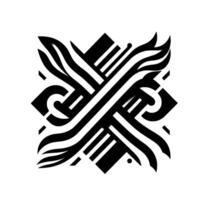 Intricate black and white geometric featuring interwoven lines, shapes, and stylized flamelike elements forming a symmetrical, abstract floral or starlike pattern. vector