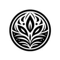 A symmetrical black and white floral within a circular frame, inspired by tribal art, showcasing intricate details. vector