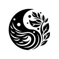 YinYang Symbol with Nature Fusion A stylized black and white emblem blending traditional duality with a botanical element, representing balance. vector