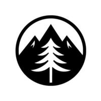 Minimalist Black and White Icon Circular emblem featuring stylized mountains and a pine tree, evoking wilderness and outdoor themes. vector