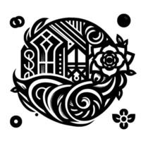 Intricate Black and White Circular Composition Architectural Forms Intertwined with Floral and Ornamental Elements, a striking on white background. vector