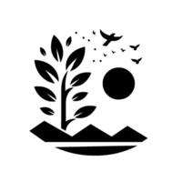 Minimalist Black and White Silhouette of a Tree, Sun, Mountains, and Birds Representing Natures Harmony and Tranquility. vector