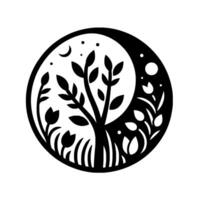 Intricate black and white circular featuring a stylized tree, floral elements, and celestial details like the moon and stars, creating a harmonious, abstract illustration. vector