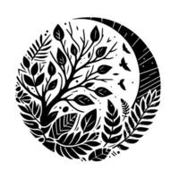 A monochromatic circular featuring a tree framed by leaves and a crescent moon, birds in flight, all rendered in bold, style. vector