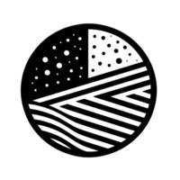 Abstract black and white circular artwork with segmented sections, featuring dot patterns, lines, and a wavy texture, conveying depth and contrast on a bright background. vector