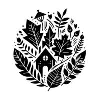 A minimalist, monochrome illustration of a house nestled amidst stylized foliage, forming a circular composition reminiscent of autumn. vector