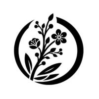 Monochromatic Japaneseinspired floral emblem featuring a blossoming branch encapsulated in a black circle against a white background. vector