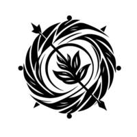 A stylized black and white circular emblem featuring a leaflike element pierced by a central arrow, surrounded by swirling patterns and ornamental accents, evoking a sense of natural elegance and art vector