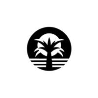 Minimalist black and white circular featuring a stylized palm tree silhouette, sun symbol, and horizontal lines on a textured white background. vector