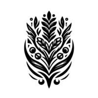 Symmetrical Black and White Floral with Leafy Elements and Decorative, Abstract Features, Set Against a White Background. vector