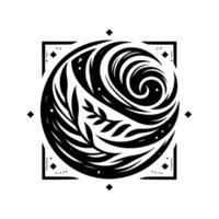 Abstract black and white illustration of a stylized swirling vortex, incorporating leaflike elements within a circular design, set inside a square with corner details. vector