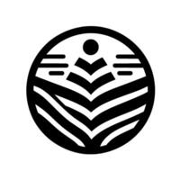 A stylized, blackandwhite emblem featuring a circular frame enclosing a symmetrical, chevronlike suggestive of nature or growth, crowned by a dot. vector