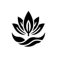Stylized Black Lotus Flower Silhouette with Water Element on White Background, Symbolizing Purity, Peace, and Rebirth in Minimalism. vector