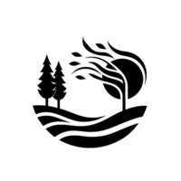 A stylized black and white landscape emblem features evergreen trees, a windswept tree, and rolling hills, evoking a sense of natures harmony. vector