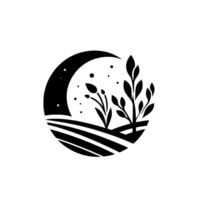 A minimalist black and white illustration depicting a stylized crescent moon, nestled above a landscape of stylized fields, punctuated by delicate plant silhouettes and scattered stars, enclosed in a vector