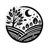 A stylized black and white illustration within a circular frame depicts a serene night scene with a large tree, rolling hills, crescent moon, and scattered leaves, evoking a sense of tranquility. vector