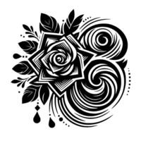 Intricate Black and White Floral featuring a Geometric Rose, Spirals, and Leafy Elements on a White Background. vector