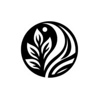 Monochromatic Organic Emblem A Stylized Leaf and Flowing Lines Inside a Circle, Suggesting Growth, Balance, and Harmony. vector
