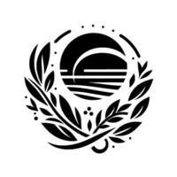 A minimalist black and white circular emblem featuring a stylized crescent moon over horizontal lines, framed by olive branches and small dot accents. vector