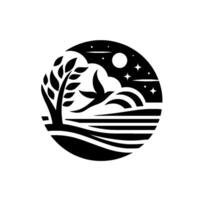Serene nighttime scene within a circle a tree on the shore, bird flying under a moonlit sky and starry sky above water. vector