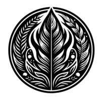 Monochromatic, stylized emblem featuring a symmetrical composition of feathers, foliage, and decorative elements within a circular frame. vector
