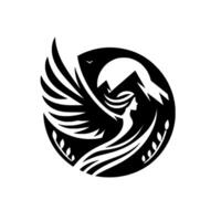 A minimalist black and white emblem featuring a winged womans silhouette, mountains, a bird, and leaves within a circular frame. vector