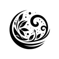 Monochromatic floral design, a swirling composition with leaves and dots inside a circular form, rendered in bold black against a clean white backdrop. vector