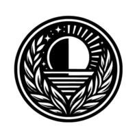 A symmetrical black and white emblem depicting a divided sunmoon, stars, stylized leaves, and a stylized horizon line within a circular border. vector