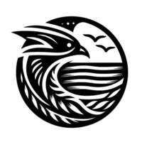 Monochrome, circular emblem featuring a stylized eagle above a wavy sea, two flying birds, and a minimalist design, invoking freedom. vector