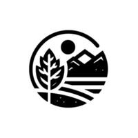 Stylized Monochrome Circular Composition of Leafy Tree, Mountains, and Sun An EcoFriendly Design. vector