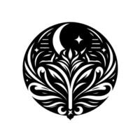 A symmetrical, black and white circular illustration of a stylized floral design, featuring a crescent moon, stars, and intricate organic patterns suggestive of celestial and natural elements within a vector