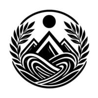 Minimalist monochrome circular emblem featuring stylized mountains, swirling water, a sun, and flanking olive branches, representing nature and harmony. vector